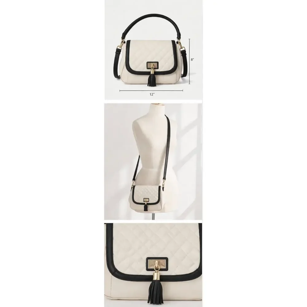 Liz Claiborne Quilted Bag Cream Black Tassel Gold Accent